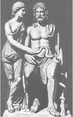 Асклепий, бог врачевания, и Гигинея, богиня здоровья