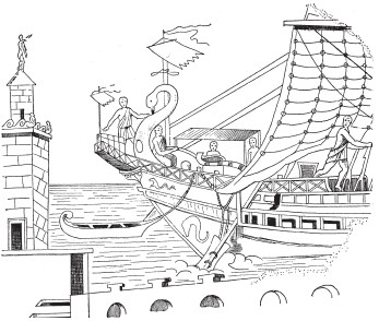 Античный корабль в порту 