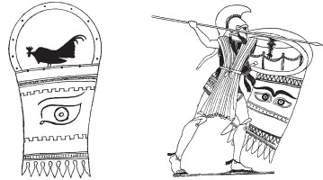 Греческий воин в атаке и его щит 