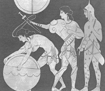 Два греческих гоплита и лучник готовятся выступить в поход